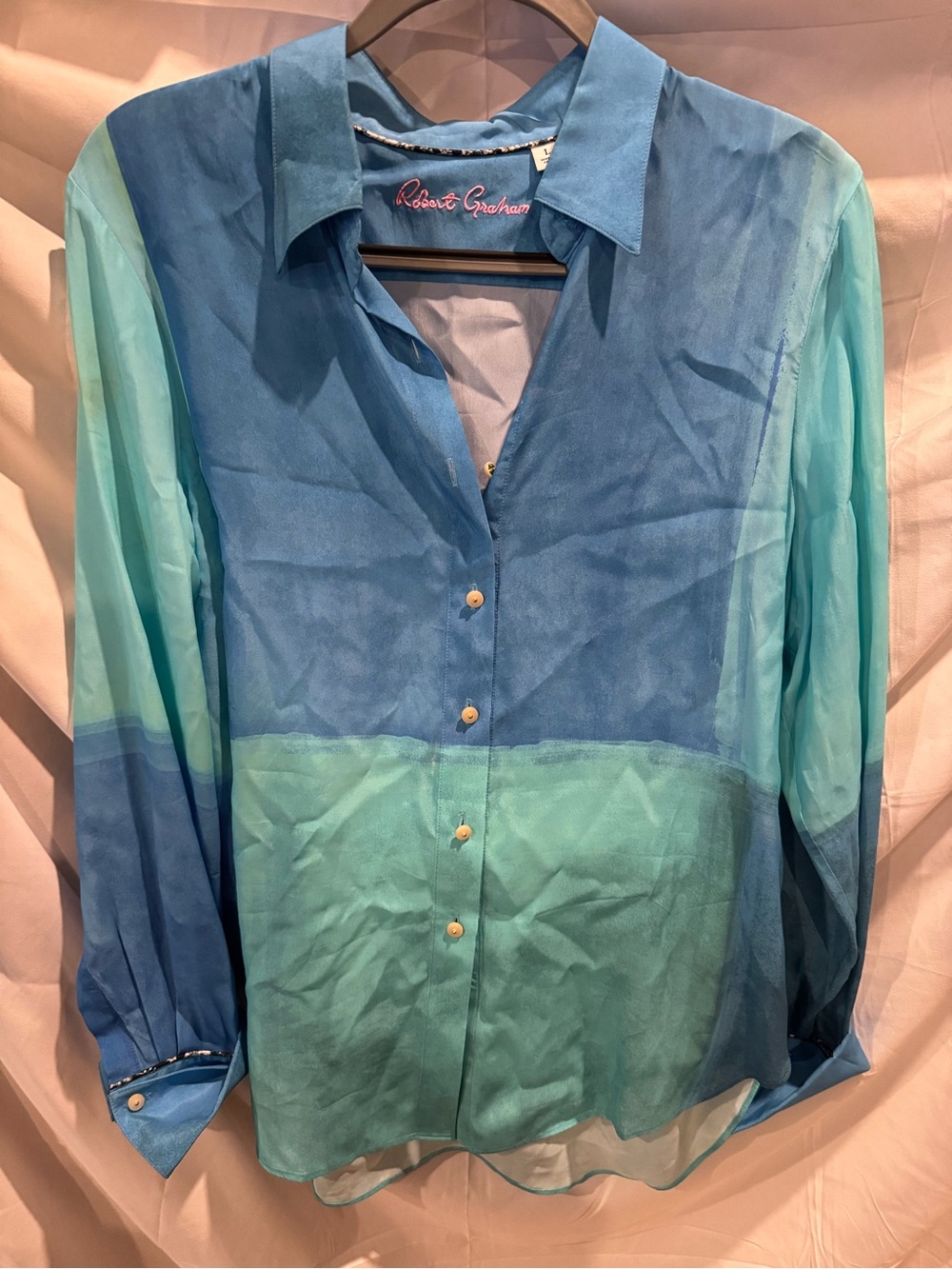 Robert Graham Blue and Teal Color-Block Silk Button-Up Shirt